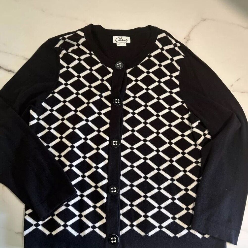 Chaus Womens Black Sweater L With White Graphics 3/4 Sleeve Softβ